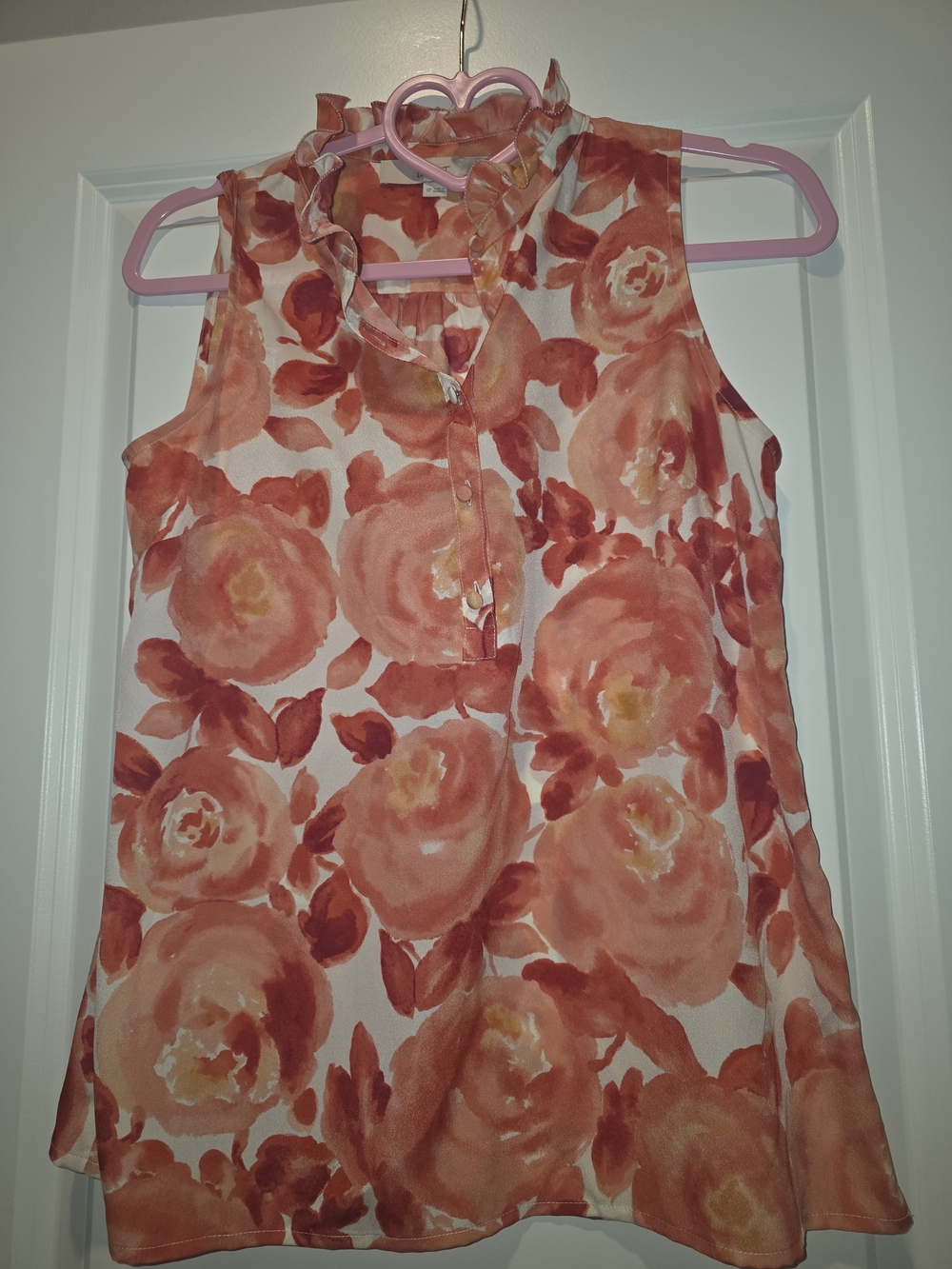 LOFT Coral Floral Ruffle Neck Sleeveless Blouse Size Small